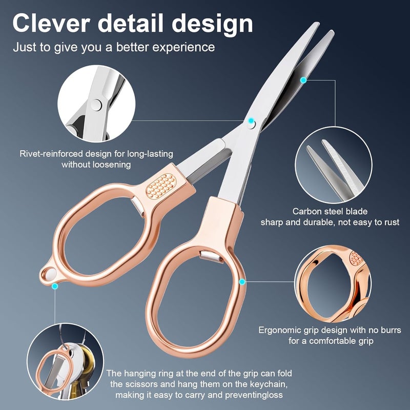 BSADIY 2 Pcs Folding Stainless Steel Portable Mini Small Travel Scissors, Safety Foldable Pocket Badge Nursing Scissors with 2 Keychain for Travel, Home, Office, Craft, Sewing (Rose Gold) - Image 2